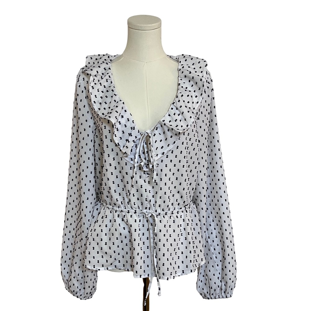 Old Navy Ruffle Neck Blouse Tie Front Long Sleeve Peplum Top White Black‎ Size M